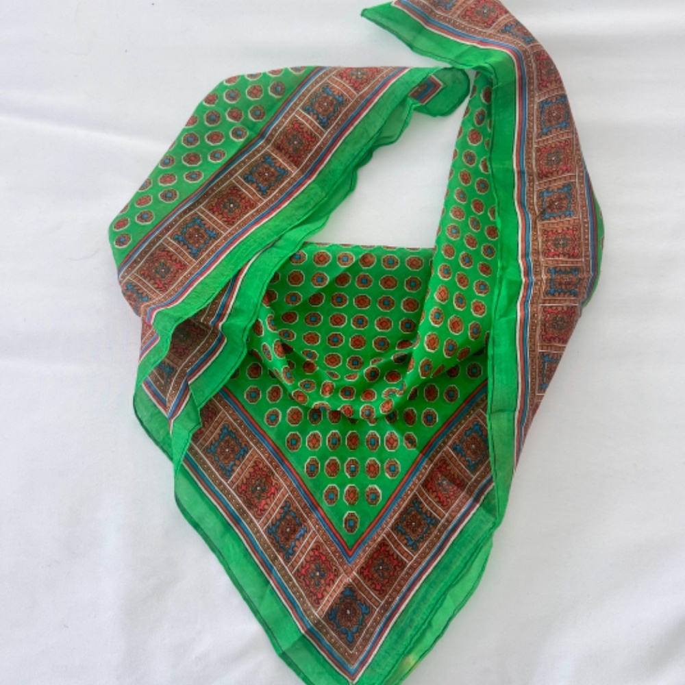 Vintage Silk Scarf 31" Diameter Square Green with Royal Crystal Gems Pattern
